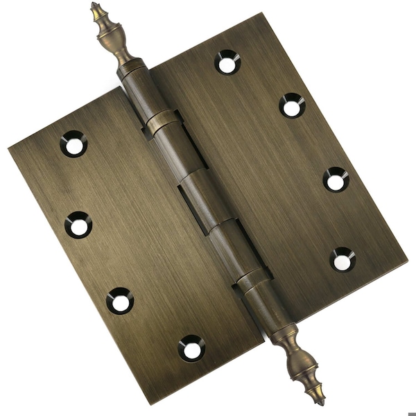 Embassy 5 x 5 Solid Brass Ball Bearing Hinge, Antique Brass Finish Urn Tips 5050BBUS5U-1 - main